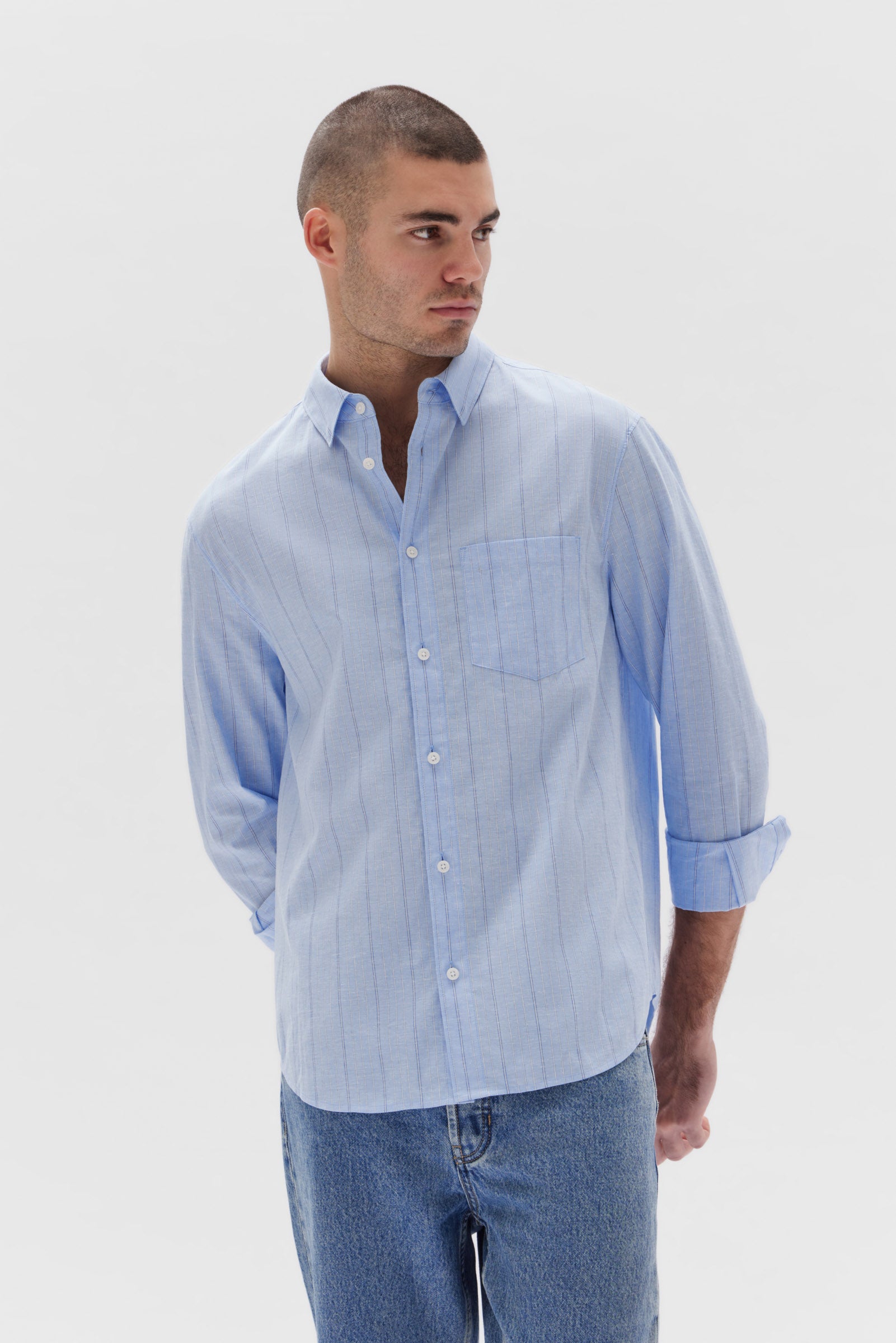 Mens Chambray Long Sleeve Shirt Mid Indigo | Assembly Label