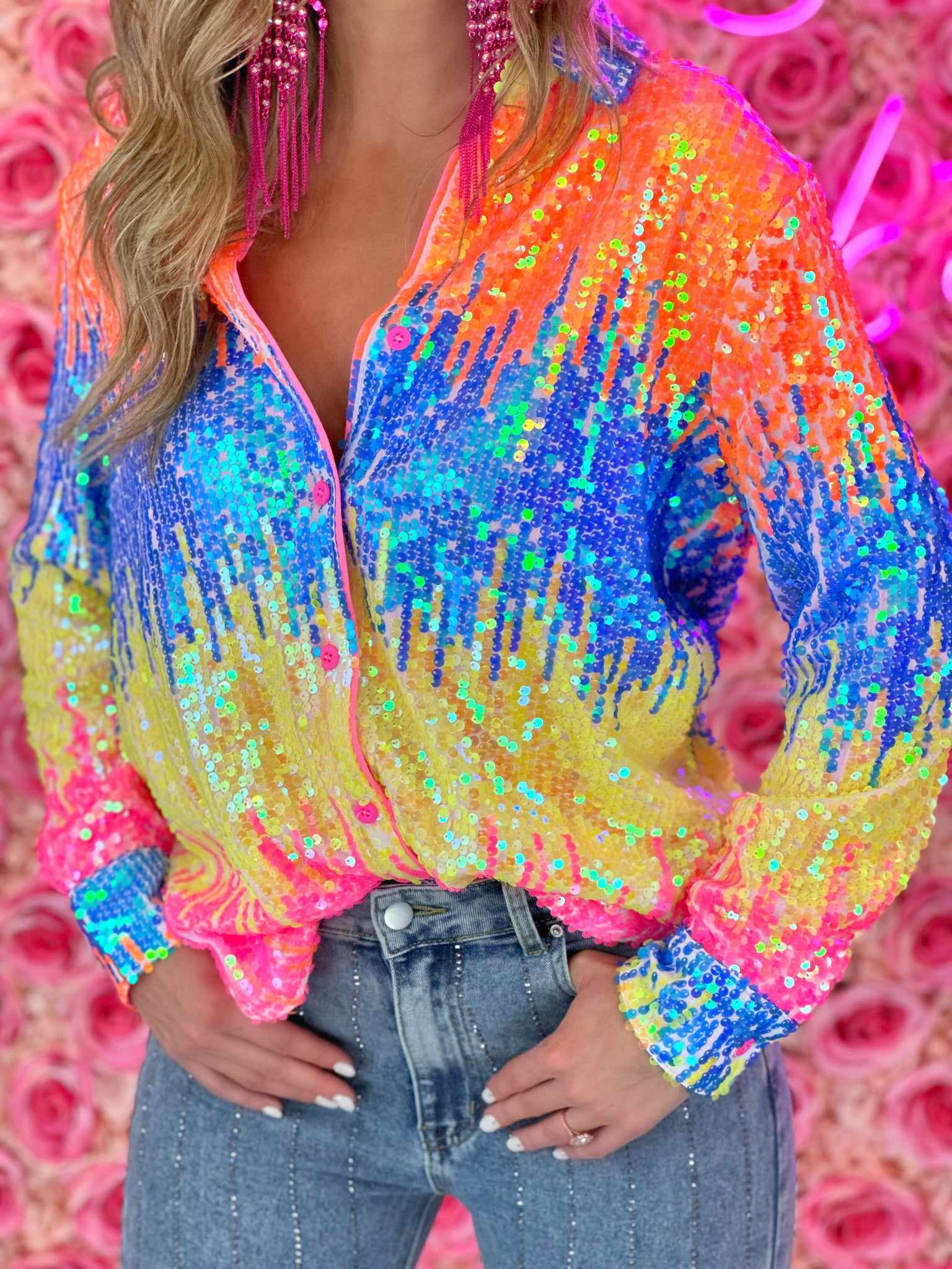 Multi Sequin Button Down Shirt for Women