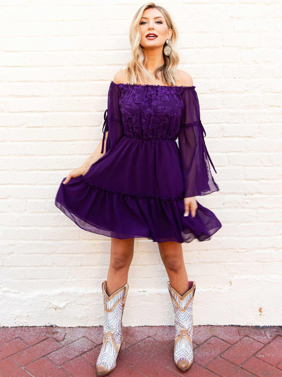 Cheerful Wishes - Off the Shoulder Boho Dress in Purple