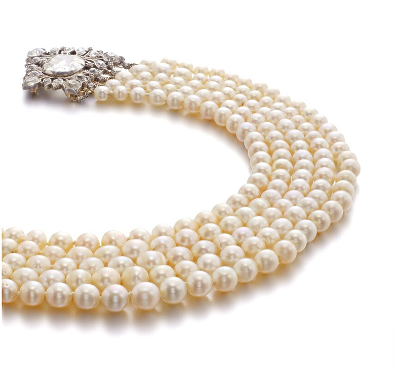 Pearl Jewelry Auctions 2023: Five Strand Natural Pearl and Diamond Necklace