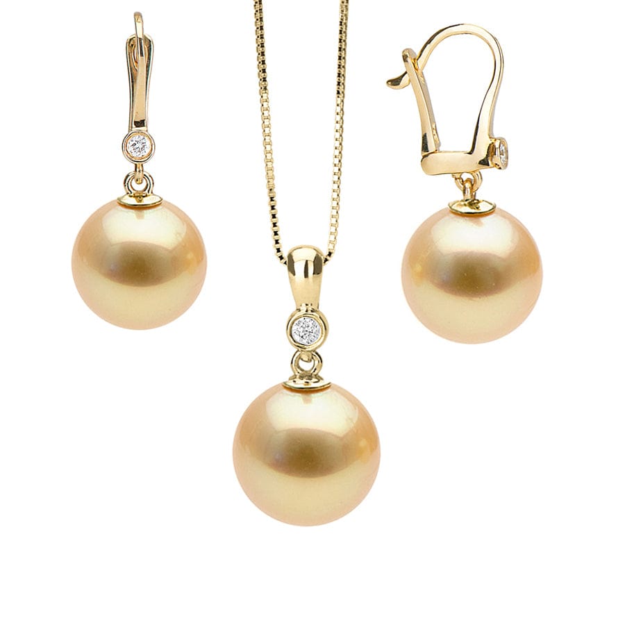 Golden South Sea Pearl and Bezel Set Diamond Pendant and Earring Set