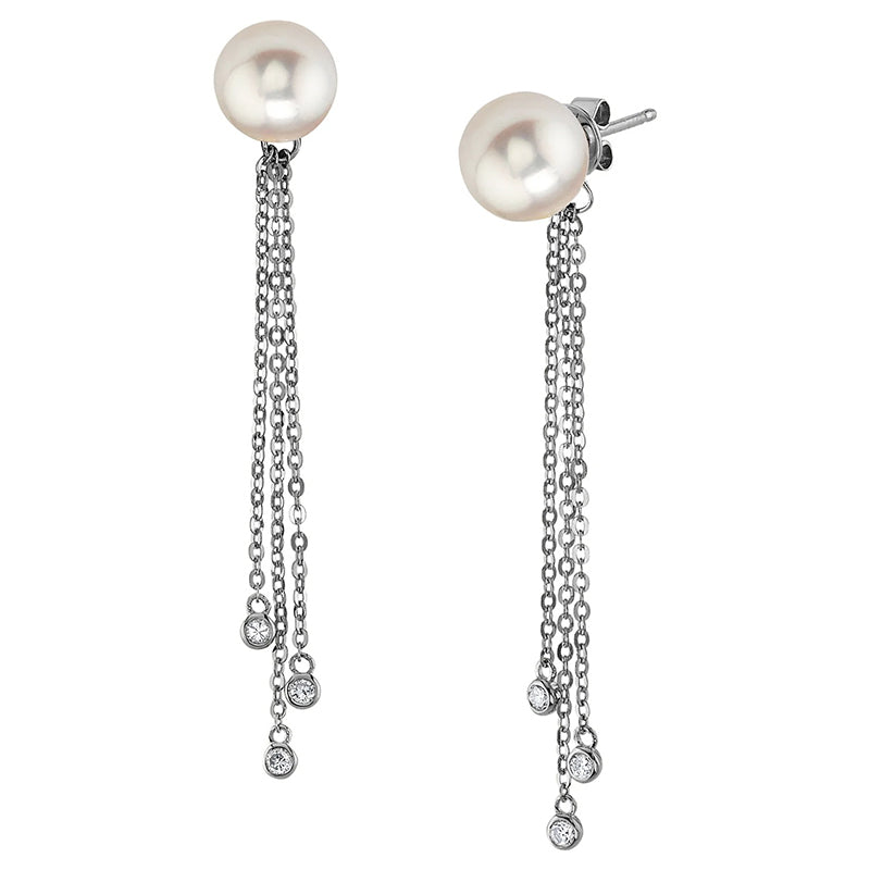 Japanese Akoya Pearl and Diamond Tear Dangle Earrings