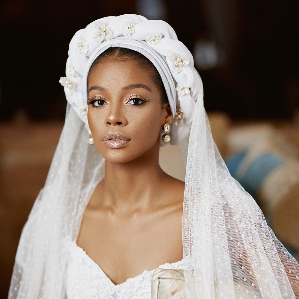 African Bride with Pearl Accented Turban and Earrings