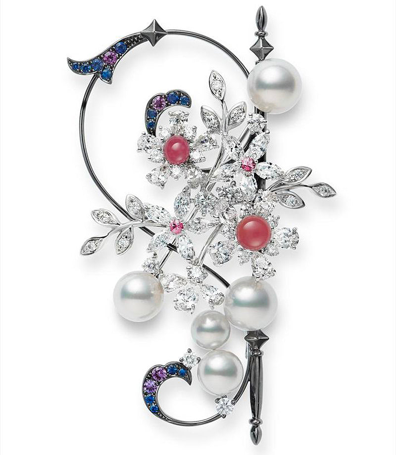 Mikimoto Conch and Akoya Pearl Brooch with Sapphires and Diamonds