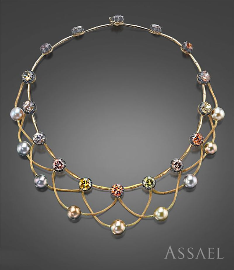 Pure Inspiration: Fijian Pearls with Natural Multi-Colored Zircons in 18K Yellow Gold Necklace, Jewelry by Assael, Pearls by J. Hunter Pearls