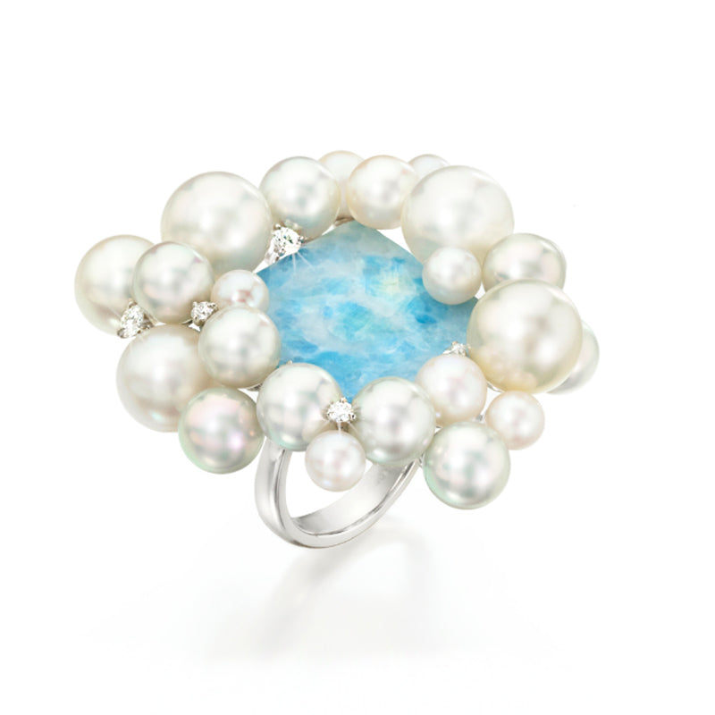 Pure Inspiration: "Sky and Clouds" Ring, with Violane, Diamonds and Blue and White Japanese Akoya Pearls and White South Sea Pearls, 18K Gold, Jewelry by Assael