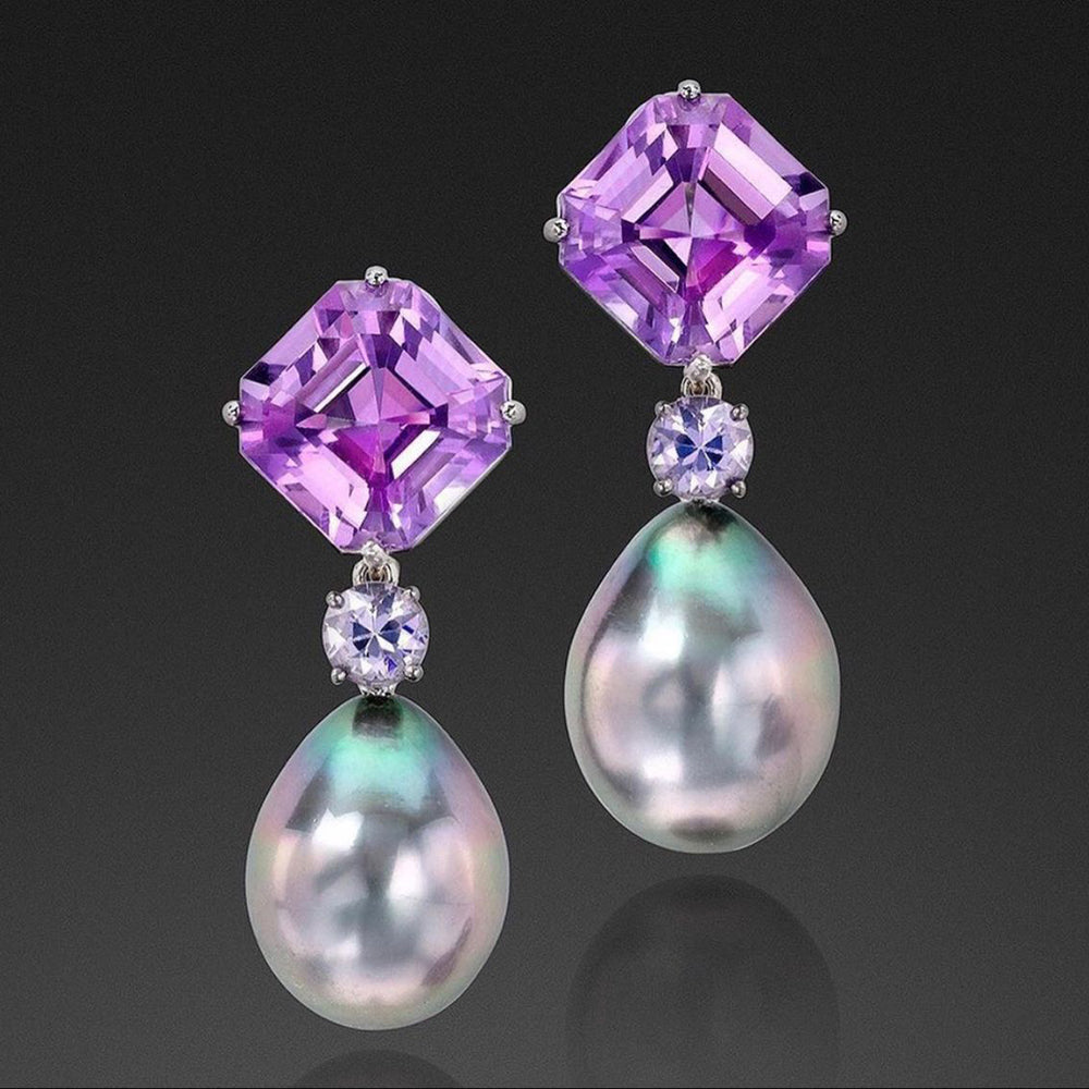Pure Inspiration: Tahitian Smooth Drop Pearl, Amethyst and Lavender Spinel Dangle Earrings, Platinum, Pearls by Assael