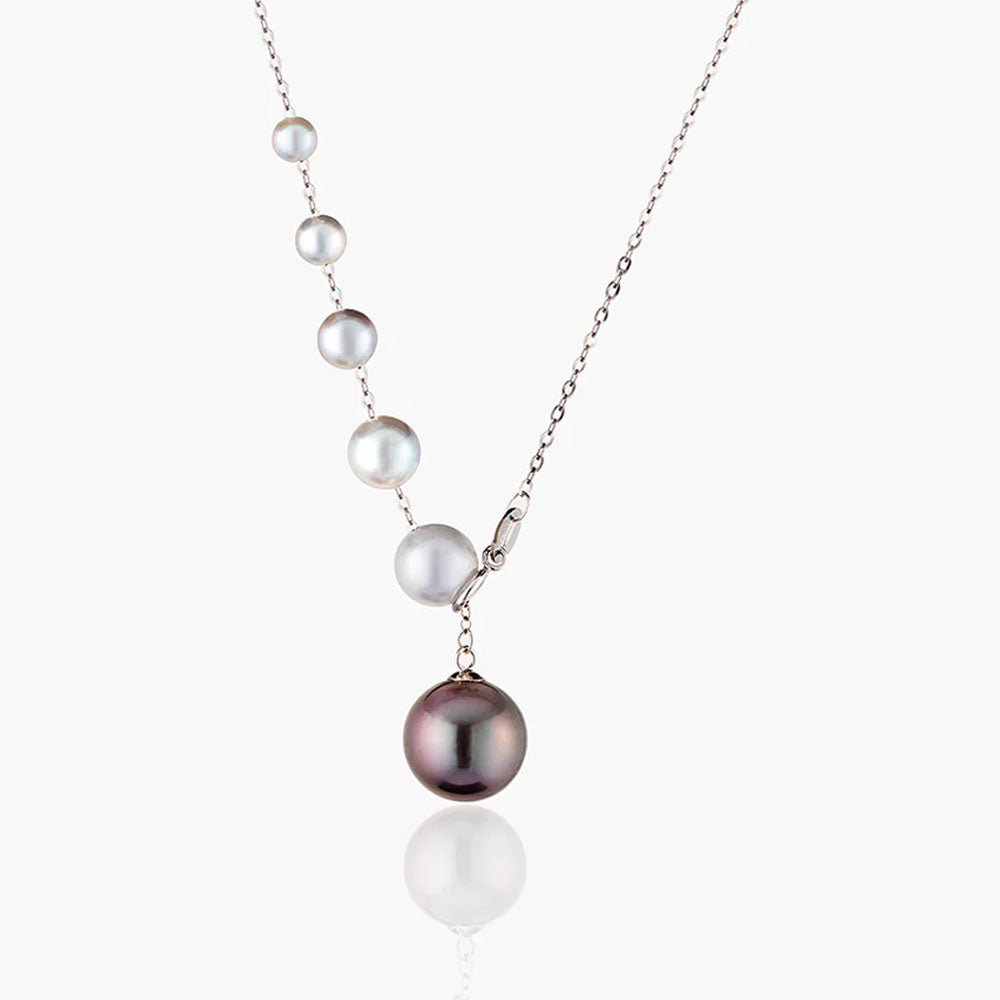Pure Inspiration: "Celestial Cascade" White Akoya and Black Tahitian Pearl Station Necklace - Jewelry by Gingiberi