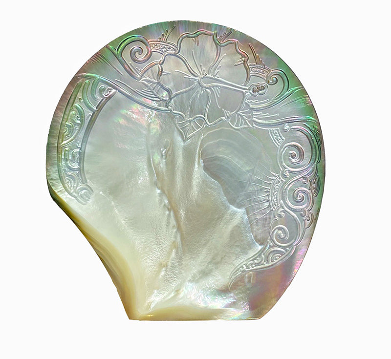 Polynesian Carved Tahitian Oyster Shell with Hibiscus Flower Motif