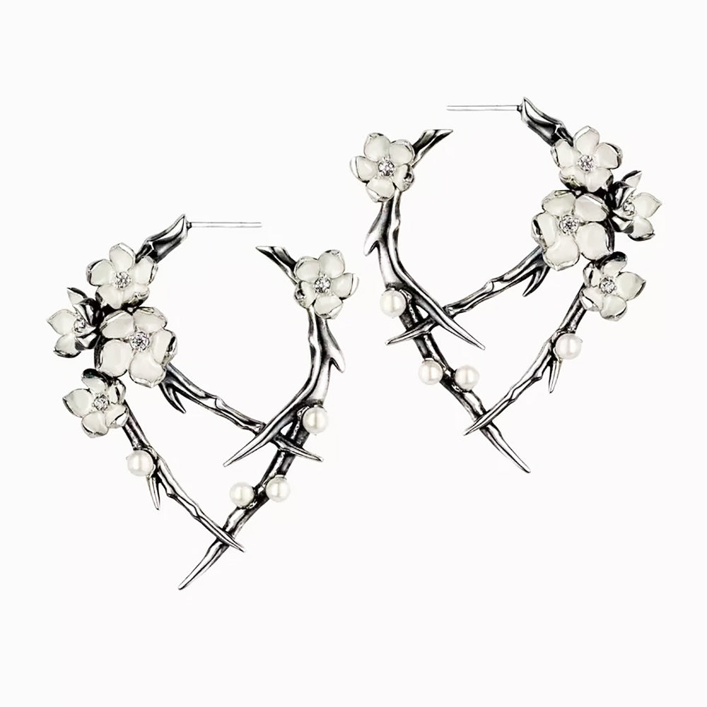 Cherry Blossom, Thorn and Pearl Hoop Earrings by Shawn Leane