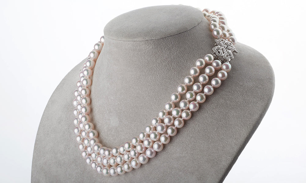 Triple Strand Pearl Necklace with Diamonds