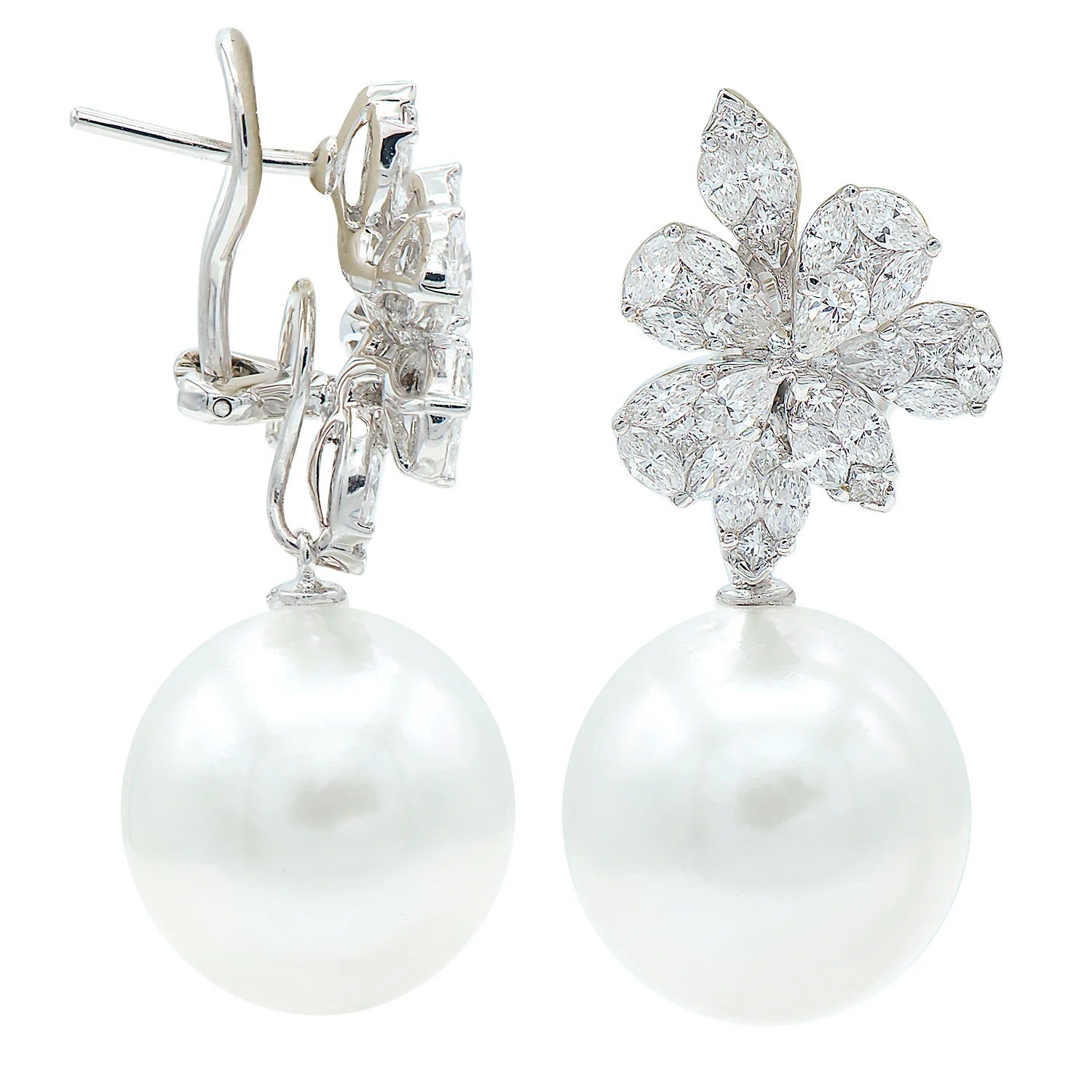 Pure Inspiration: White South Sea Pearl and Marquis-Cut Diamond Earrings, 14.0-15.0mm, 18K Gold, Pearls by Boswell Diamonds