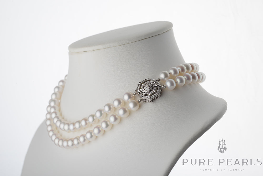 Double Strand Pearl Necklace with Diamond Clasp