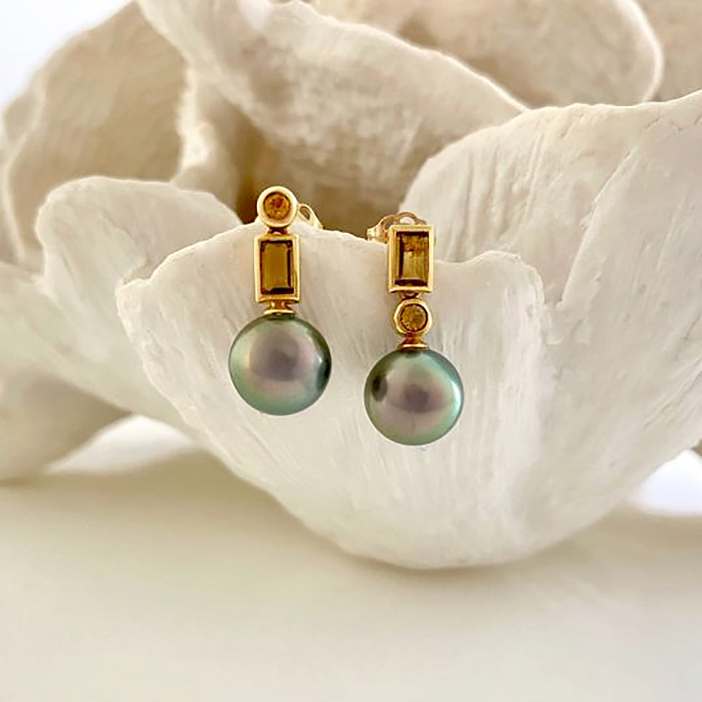 Pure Inspiration: Fijian Pearl and Golden Tourmaline Dangle Earrings, 18K Yellow Gold, Jewelry by J. Hunter Pearls