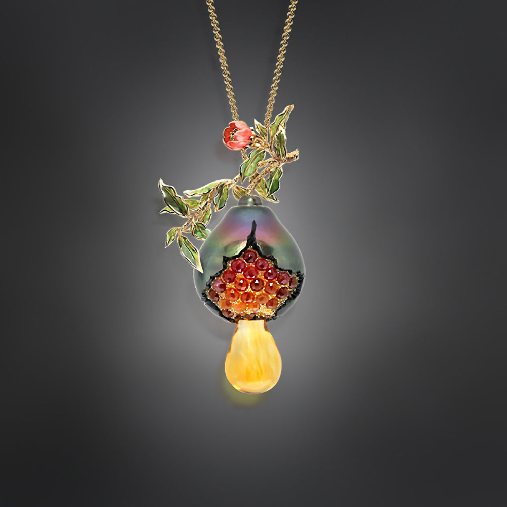 Pure Inspiration: Carved Tahitian Drop Pearl with Red and Orange Sapphires, Enamel Pendant, Jewelry by Galatea