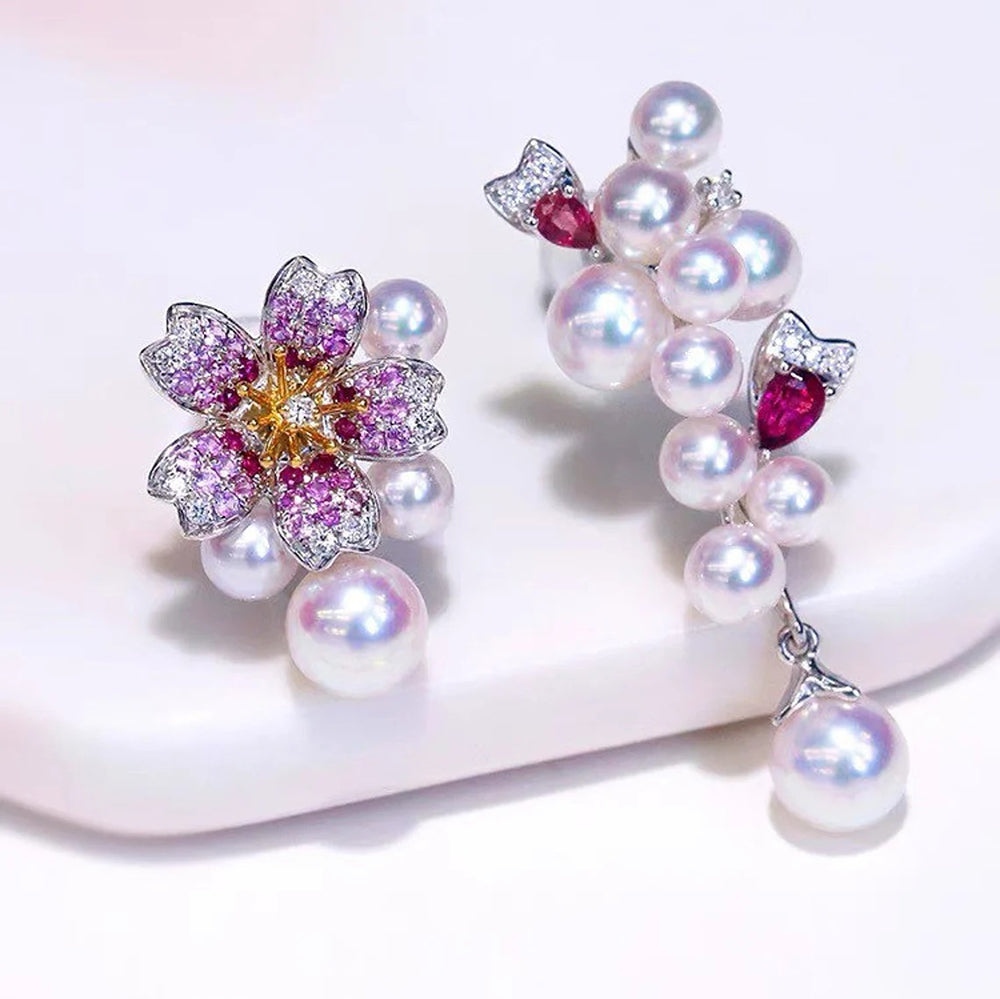 Pure Inspiration: Japanese Akoya, Pink Sapphire and Diamond 'Hazakura' Asymmetrical Earrings, 18K Gold, Jewelry by GemofArt 