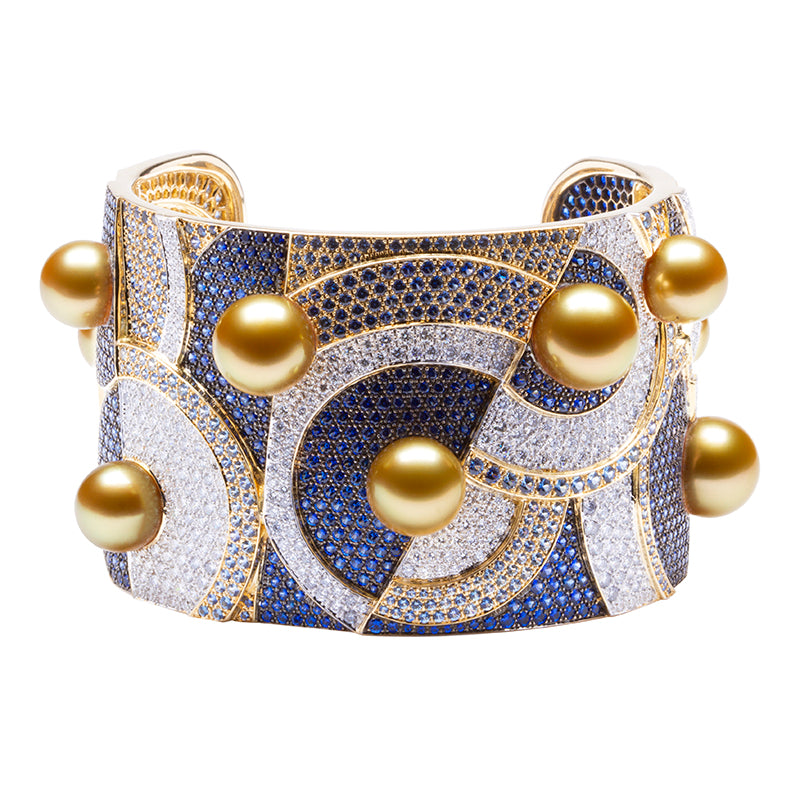 Pure Inspiration: Golden South Sea Pearl, Diamond and Sapphire Cuff Bracelet, 18K Yellow Gold by Jewelmer