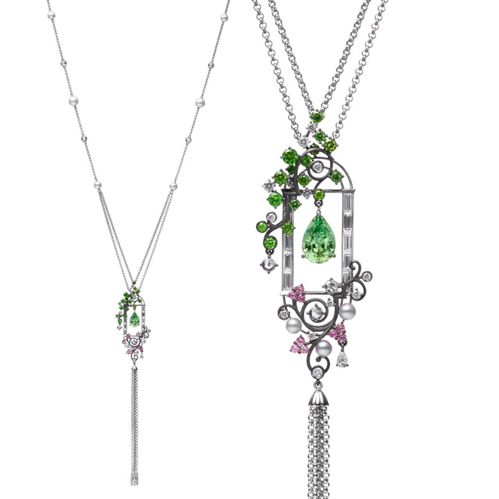 Pure Inspiration: Japanese Akoya Pearls, Green & Pink Sapphire, and Diamond Tassel Necklace 18K Gold by Mikimoto