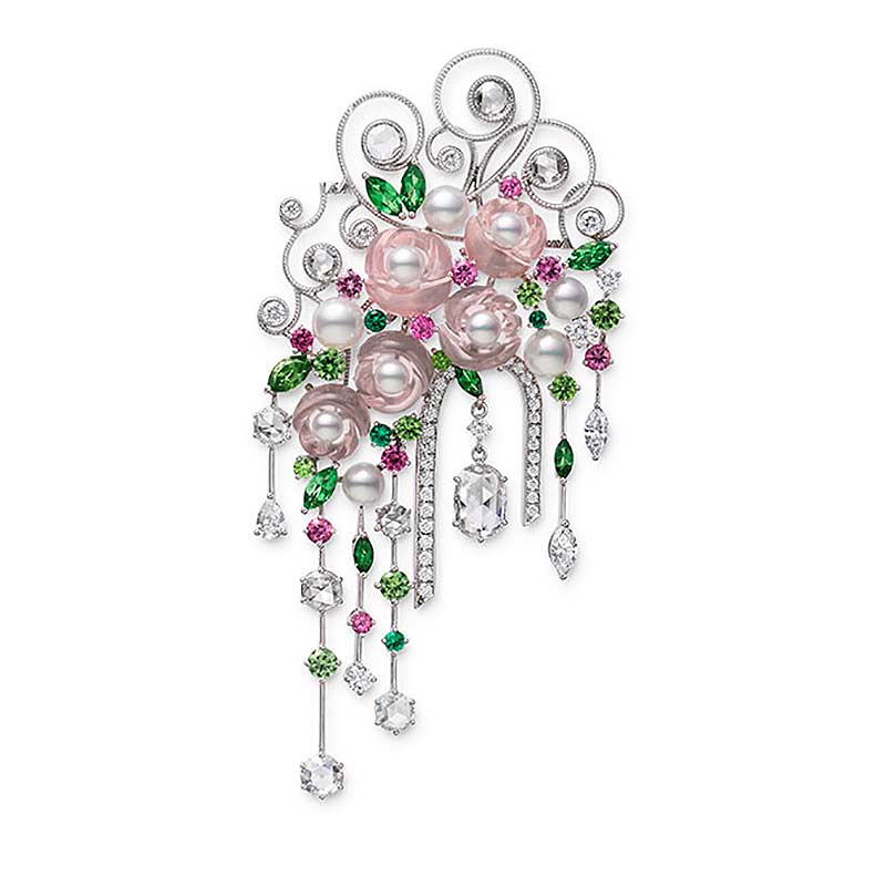 "Jardin Mystérieux Collection" Akoya Pearl, Emerald, Garnet, Spinel, Diamond and Quartz Brooch, 18K Gold, Jewelry by Mikimoto