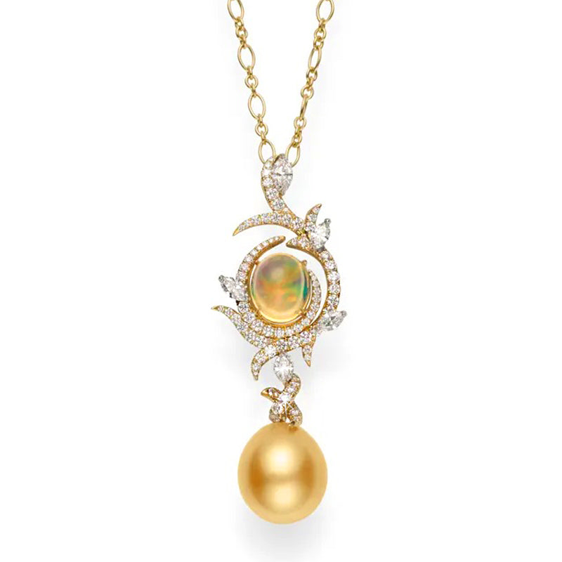 Golden South Sea Drop-Shape Pearl, Fire Opal and Diamond Pendant, 18K Gold, Jewelry by Mikimoto