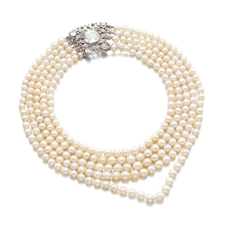 Pearl Jewelry Auctions 2023: Five Strand Natural Pearl and Diamond Necklace