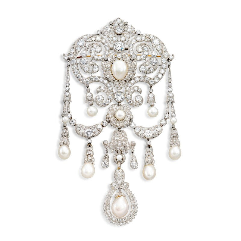 Pure Inspiration: Natural Pearl and Diamond Garland Brooch, Platinum & Gold, Early 20th Century, Jewelry by Unknown via Sotheby's, French Assay Marks
