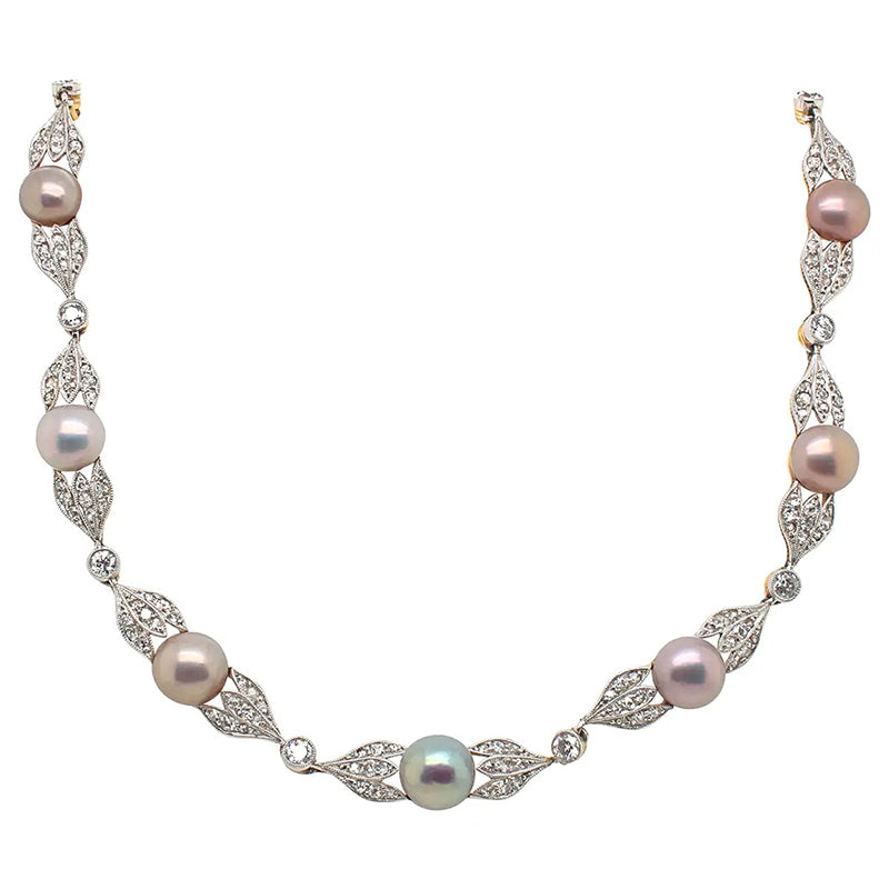 Pure Inspiration: Natural Pearl and Old Mine Cut Diamond Wreath Necklace, Edwardian Era 1900-1909