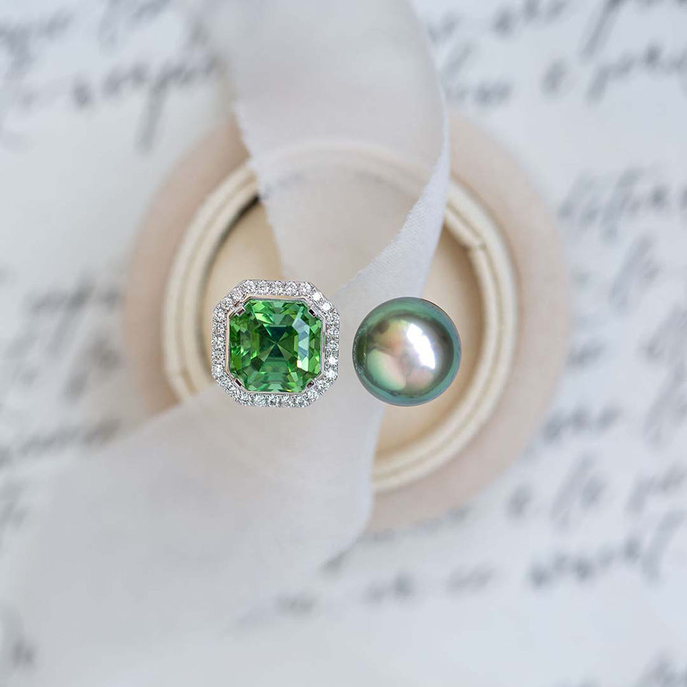 Pure Inspiration: One of a Kind Tahitian Pearl, Green Tourmaline and Diamond Pavé Ring 12.8mm, 7.8ct Asscher Cut Gemstone, 18K White Gold by Hinerava