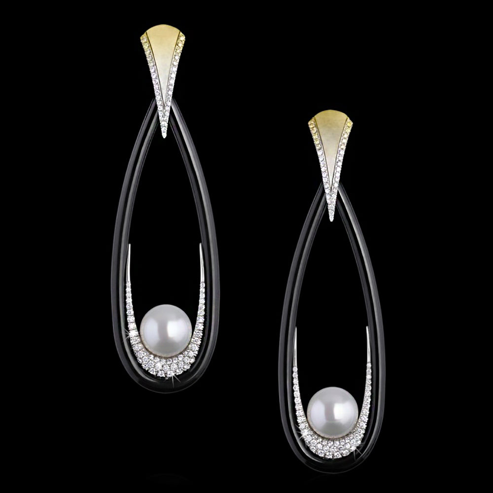 Pure Inspiration: "Panache" White South Sea Pearl, Diamond and Black Jade Dangle Earrings, Jewelry by Adam Neeley