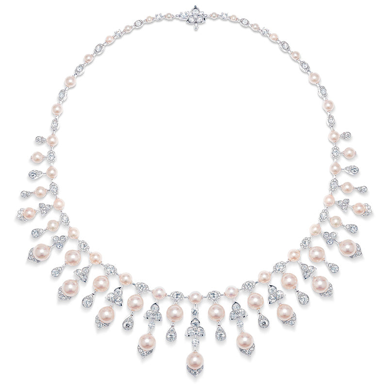 Japanese Akoya Pearl and Diamond Fringe Necklace, Pearls by David Morris