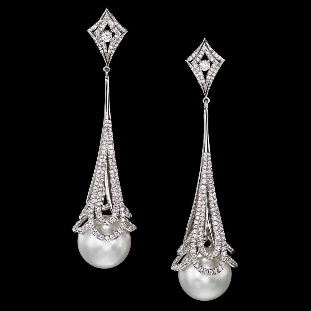 Pure Inspiration: "Pearl and Lace" White South Sea Pearl and Diamond Dangle Earrings, Jewelry by Adam Neeley