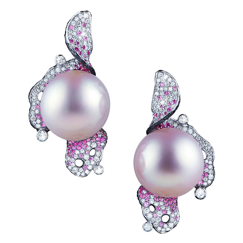 Pure Inspiration: Pink "Edison" Freshwater Pearl, Diamond and Pink Sapphire Earrings, Jewelry by Jewellery Theater