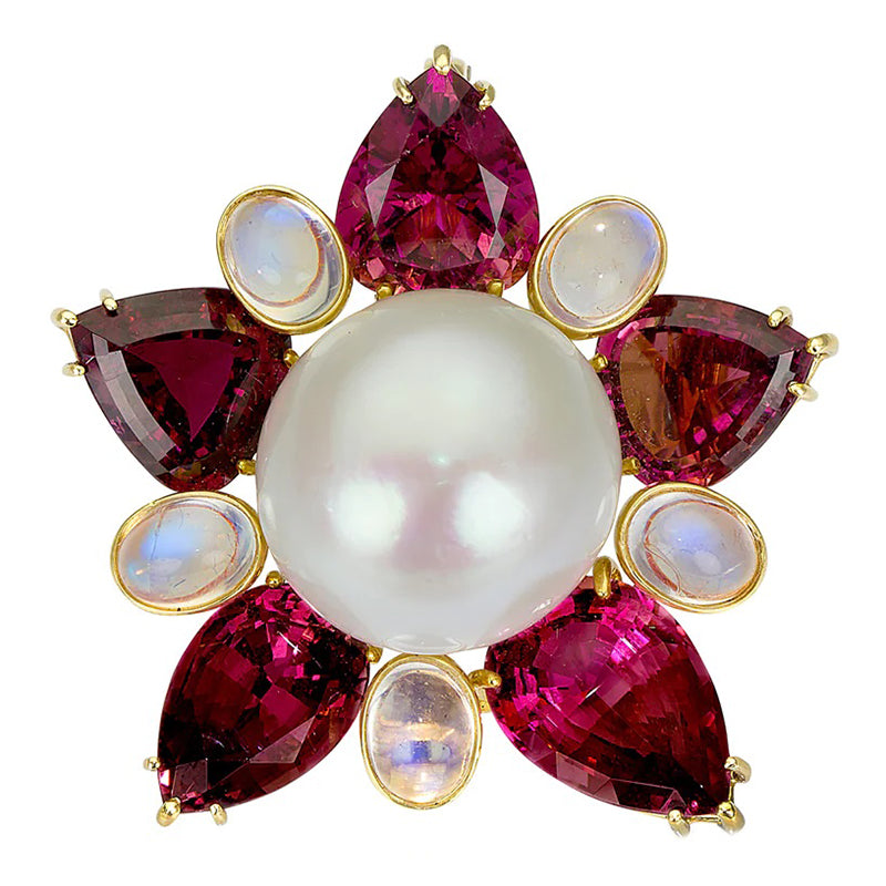 Pure Inspiration: White South Sea Pearl, Moonstone and Rubellite Tourmaline Pendant/Brooch, 18K Gold, Jewelry by Prince Dimitry