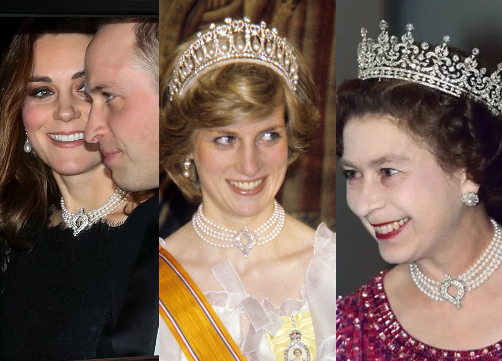 Most Iconic Pearl Necklaces in History: Kate Middleton Queen Elizabeth 4-Strand Pearl and Diamond Necklace