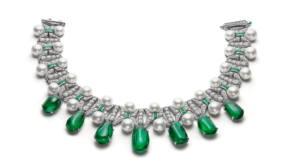 Pure Inspiration: Colombian Emerald and Australian White South Sea Pearl and Diamond Necklace, 18K Gold, Jewelry by Bulgari