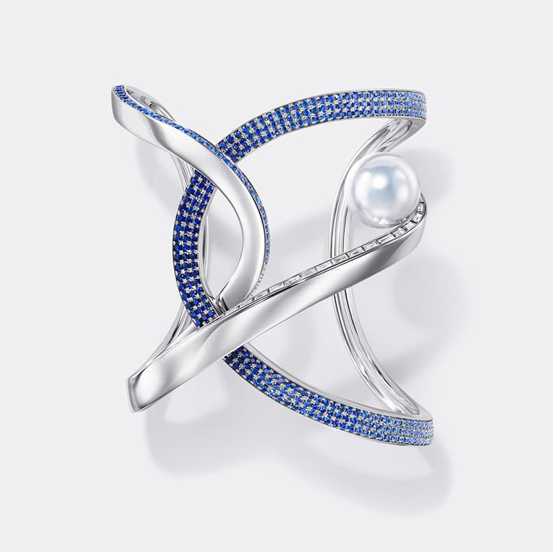 White South Sea Pearl Bracelet with Blue Sapphires and Diamonds, White Gold, Jewelry by Tasaki