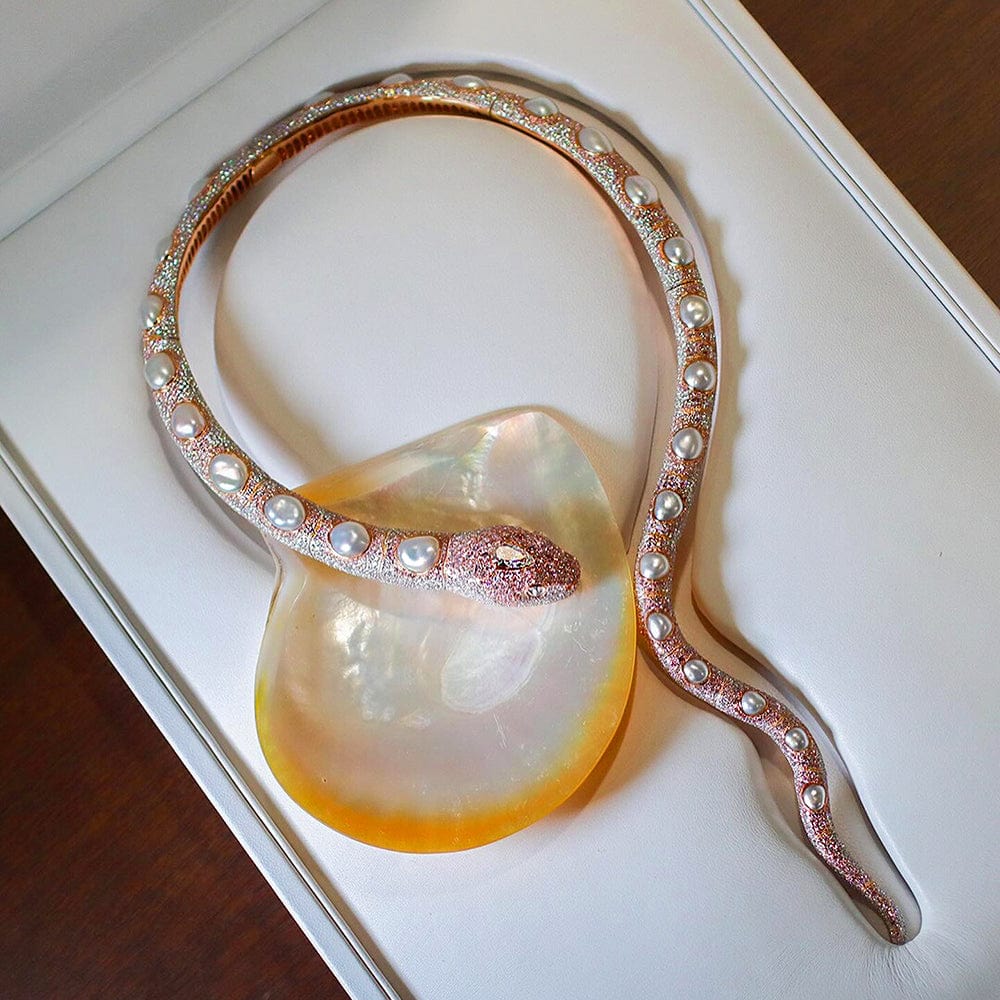 Pure Inspiration: White South Sea Keshi Pearl, Pink Sapphire and Diamond Serpent Necklace, 18K White & Yellow Gold, Jewelry by Autore