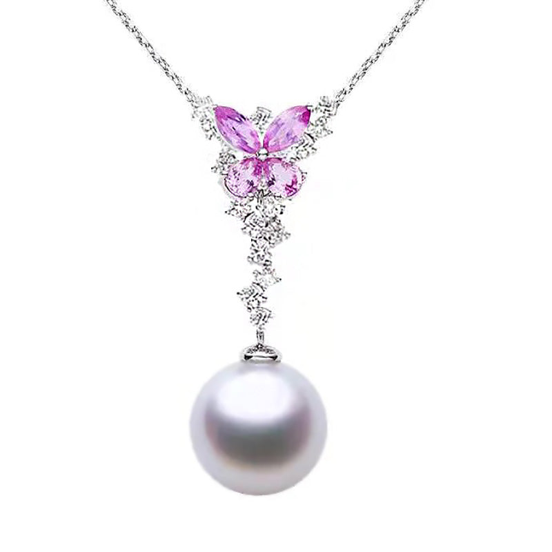 Pure Inspiration: "Dancing Butterflies" White South Sea Pearl, Pink Sapphire and Diamond Pendant, 18K Gold, Jewelry by Kyllonen
