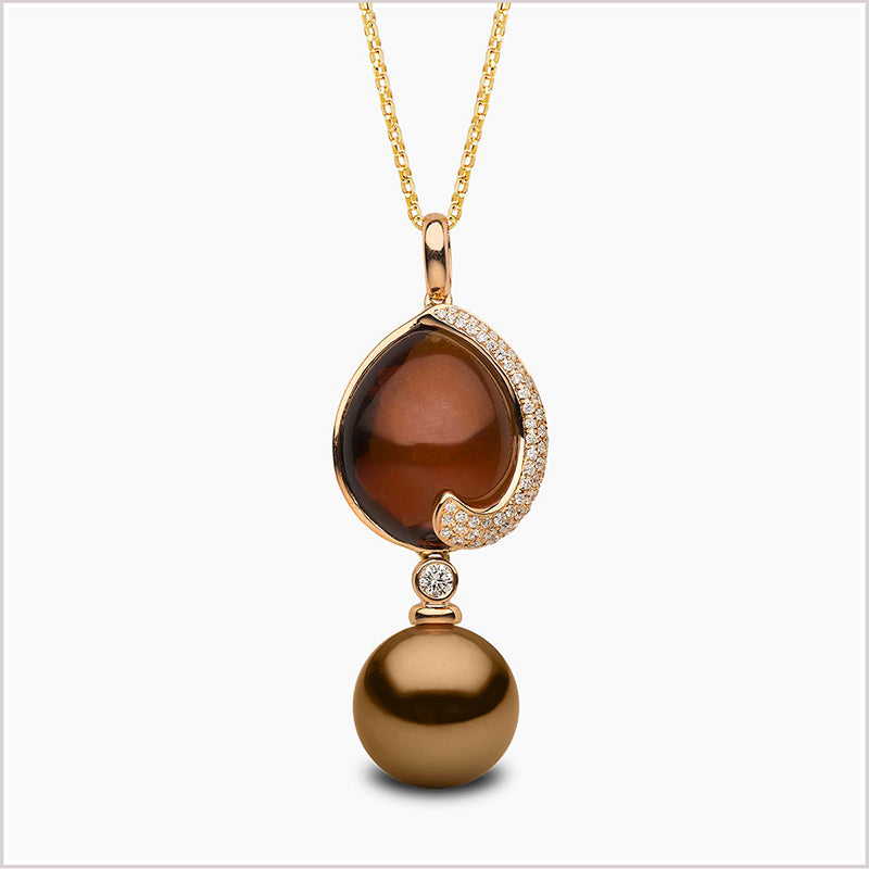 Chocolate Tahitian Pearl, Cognac Quartz and Diamond Pendant, 18K Rose Gold, Jewelry by Yoko London