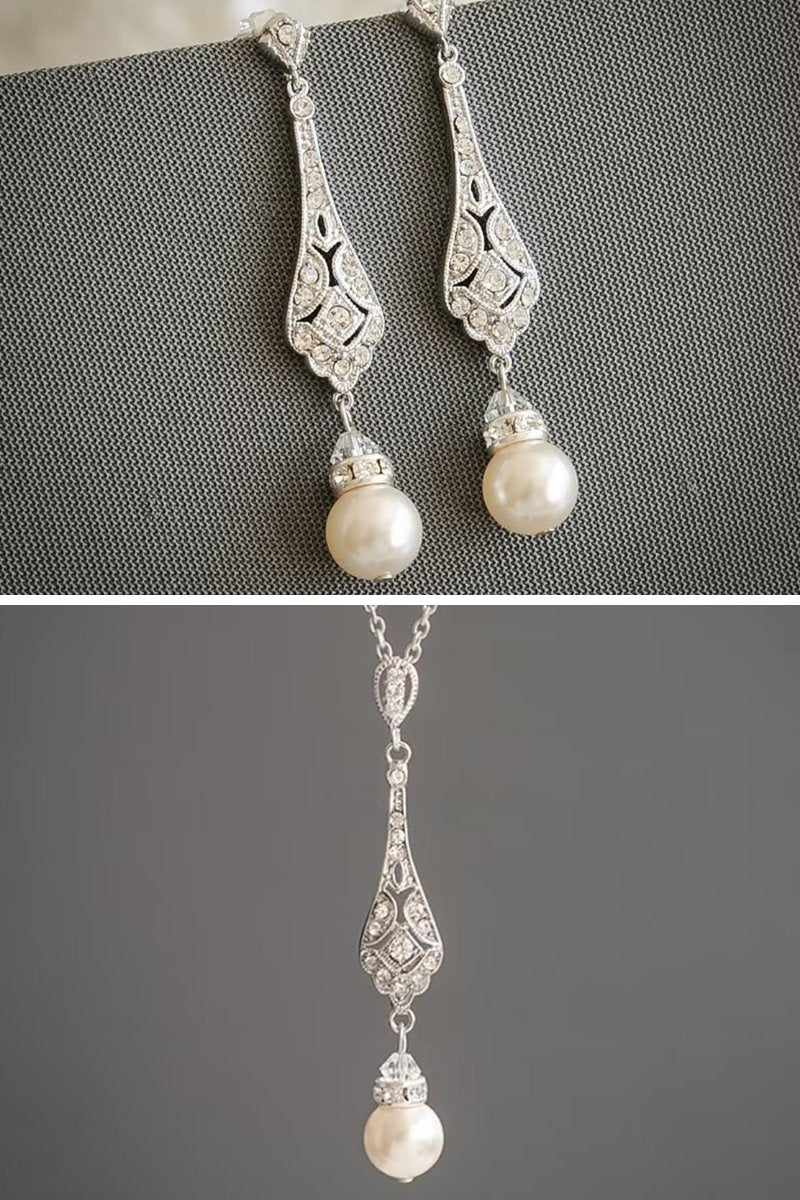 Details of Art Deco Pearl Bridal Jewelry Earrings and Necklace Set