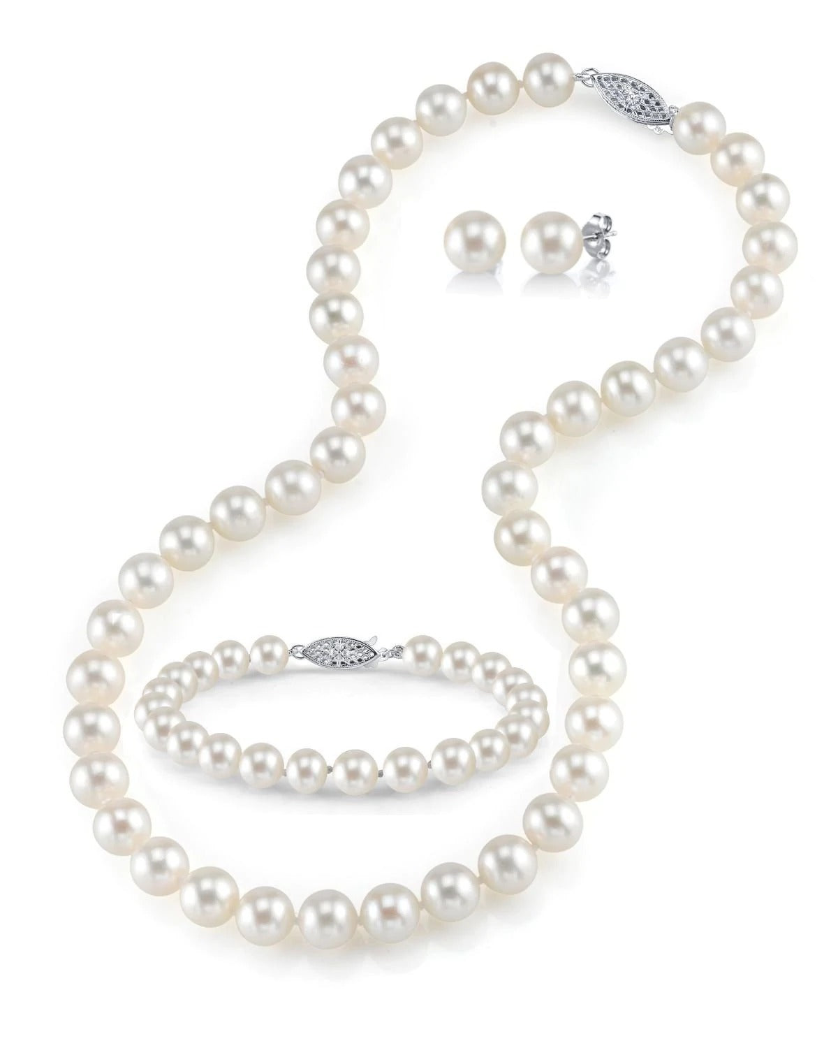 Details of what's included in the 3-piece White Freshwater Pearl Set - Necklace, Bracelet and Earrings
