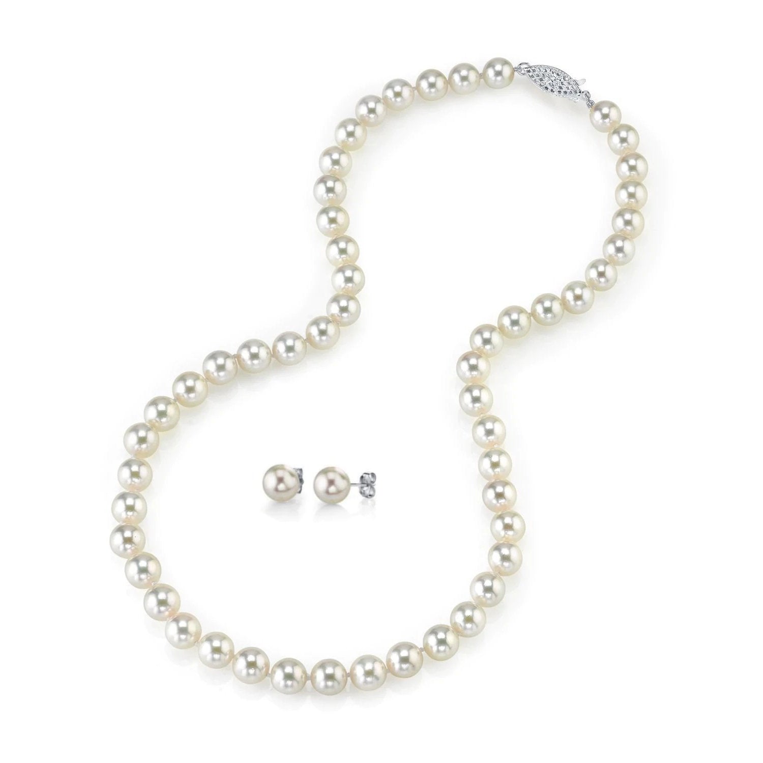 Flat lay shot of White Japanese Akoya Pearl Necklace & Earring 2-Piece Set