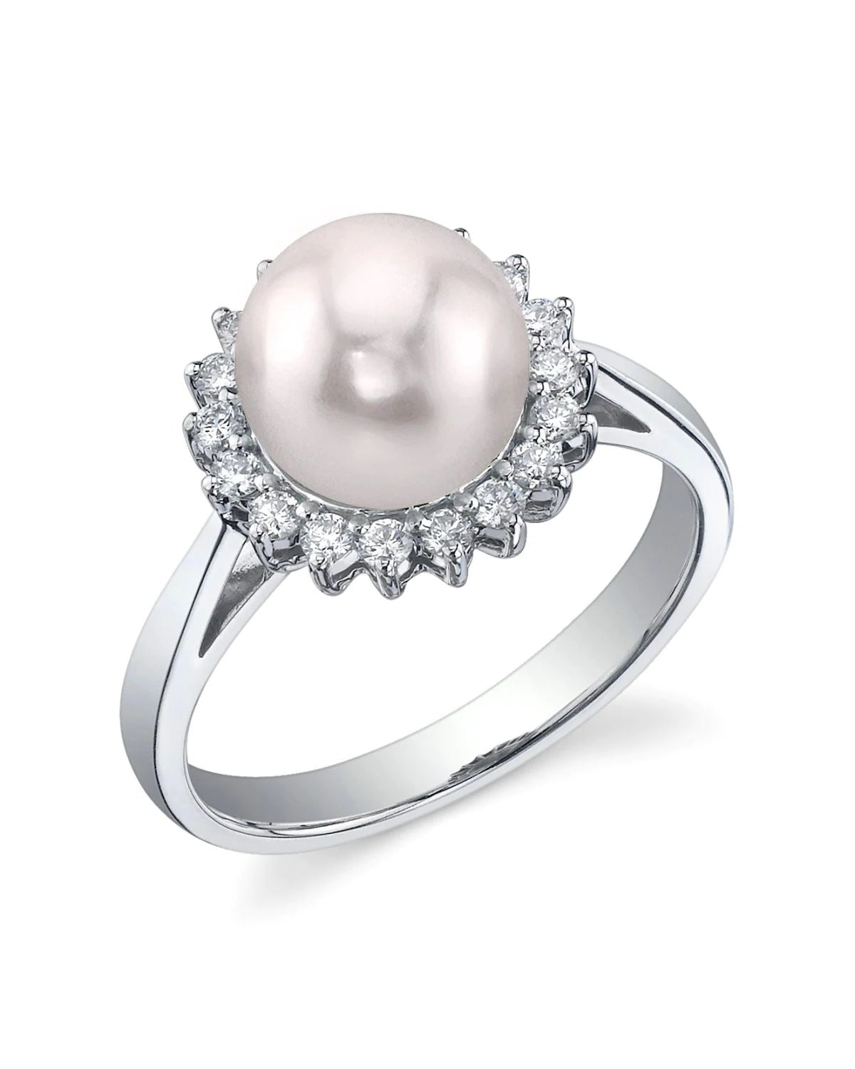 Close up shot of Solar Akoya Pearl & Diamond Engagement Ring