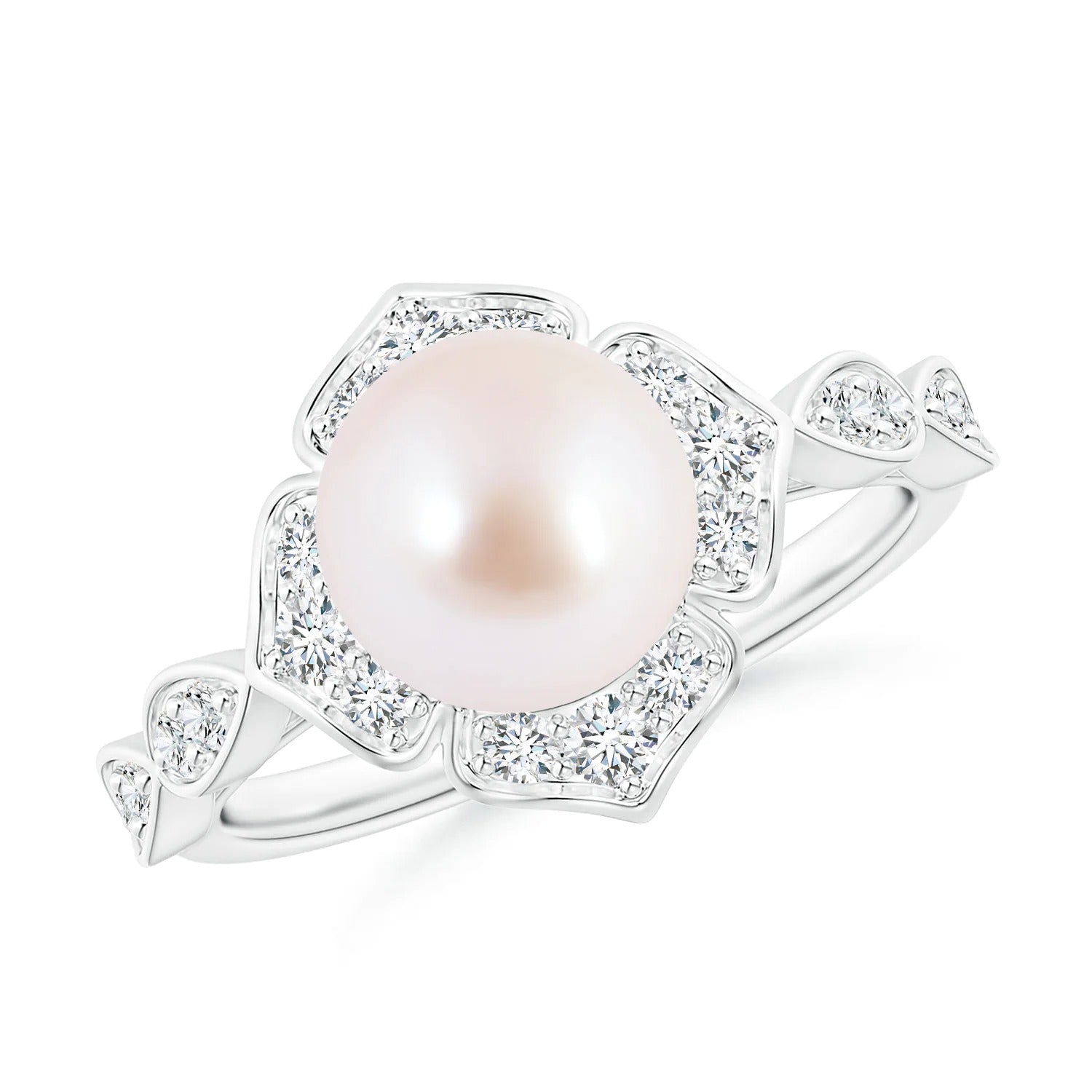 Close up view of Floral Vintage Inspired Japanese Akoya Pearl Engagement Ring