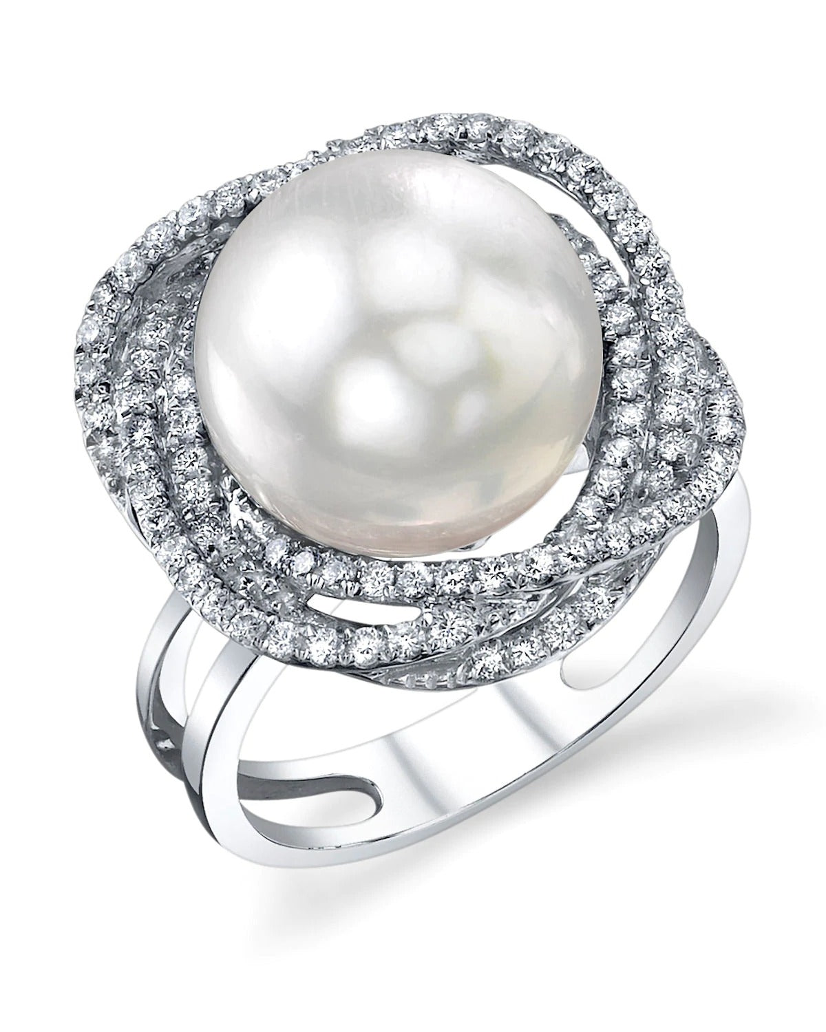 Close up shot showing diamond details of White South Sea Pearl & Diamond Orion Engagement Ring