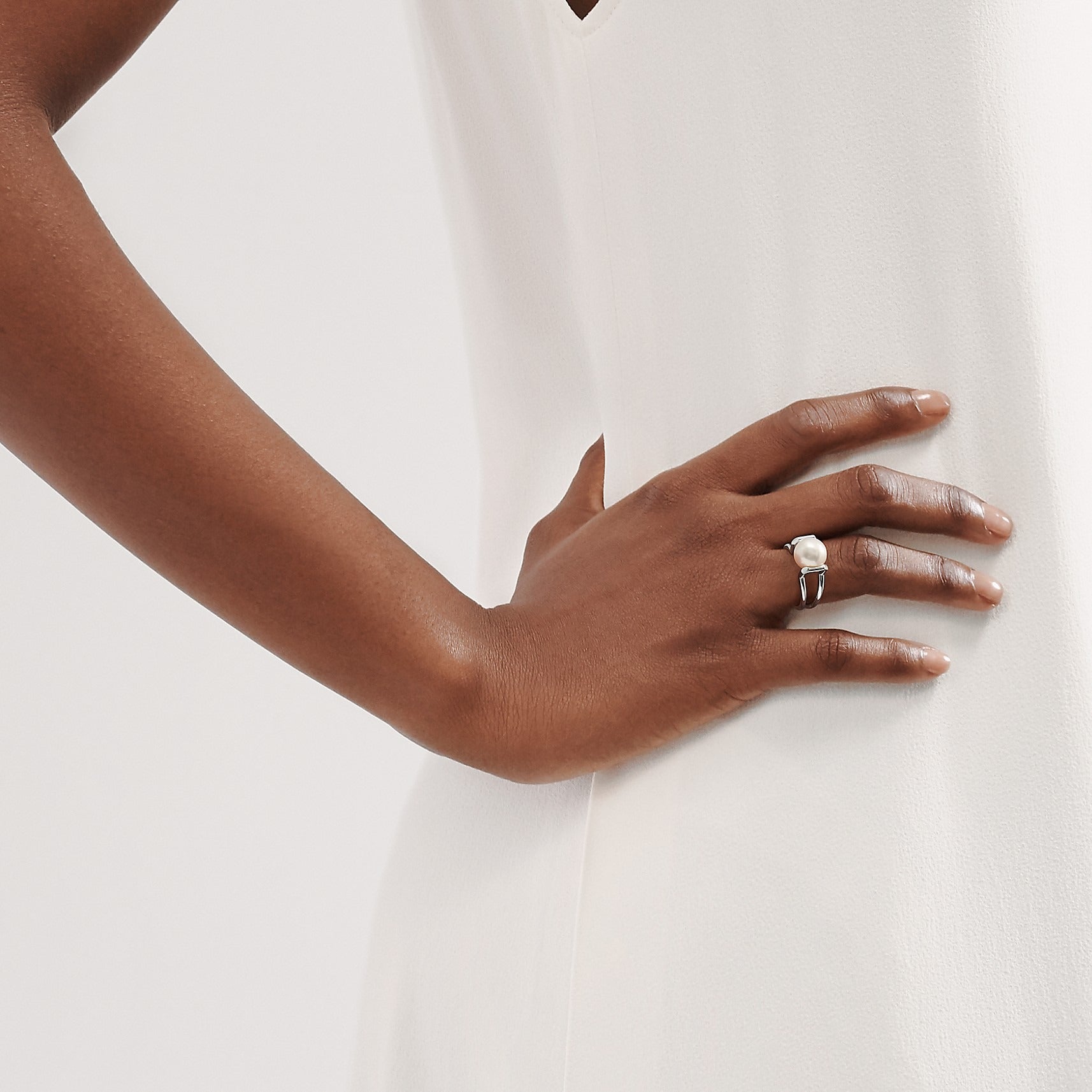 Model wearing Freshwater Pearl Engagement Ring in Sterling Silver