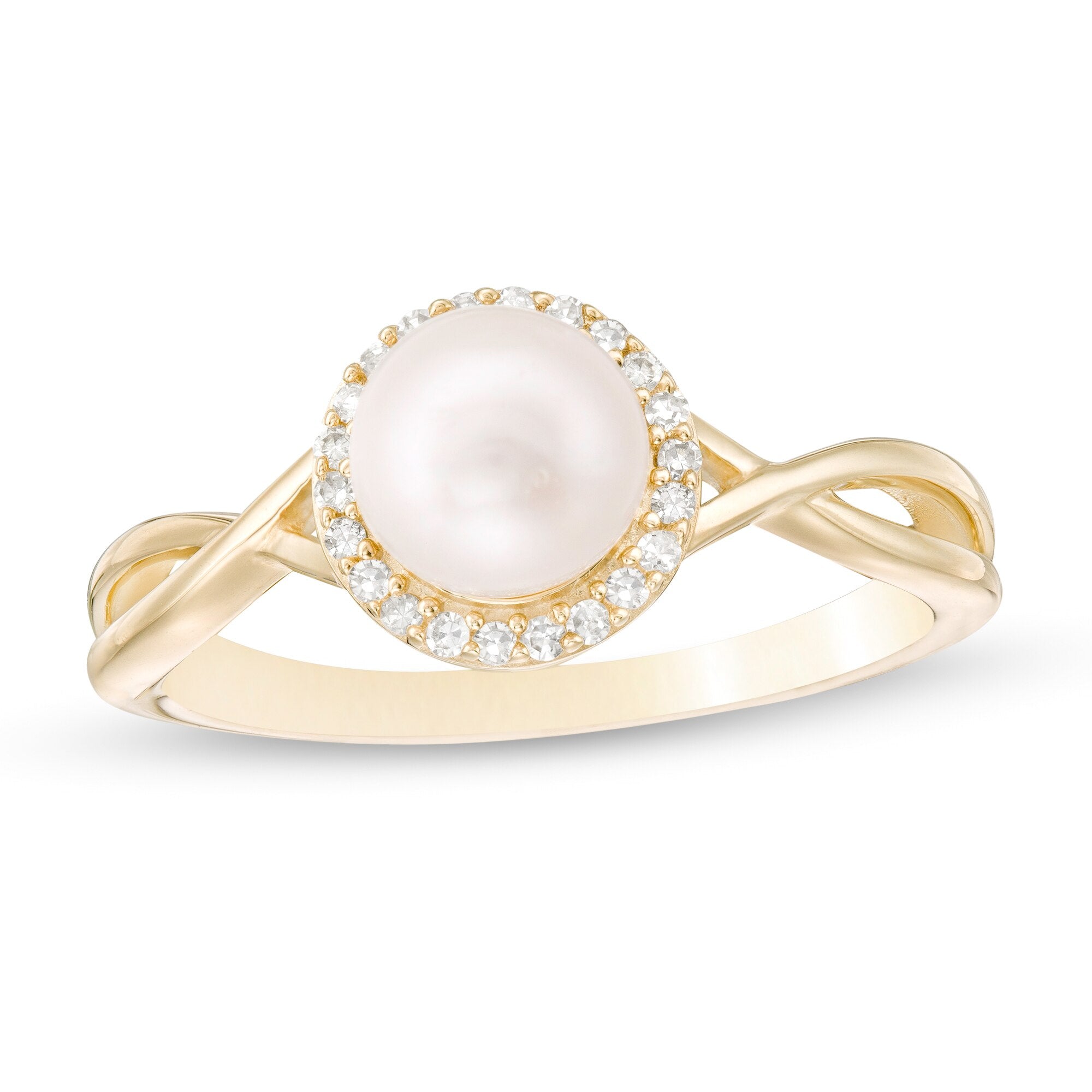 Details of Freshwater Pearl and Diamond Twist Shank Ring
