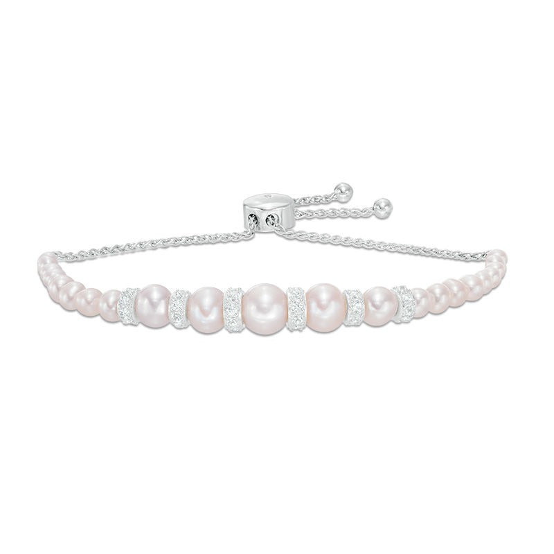 3.0 - 8.0mm Cultured Freshwater Pearl and Lab-Created White Sapphire Graduated Bolo Bracelet in Sterling Silver from Zales