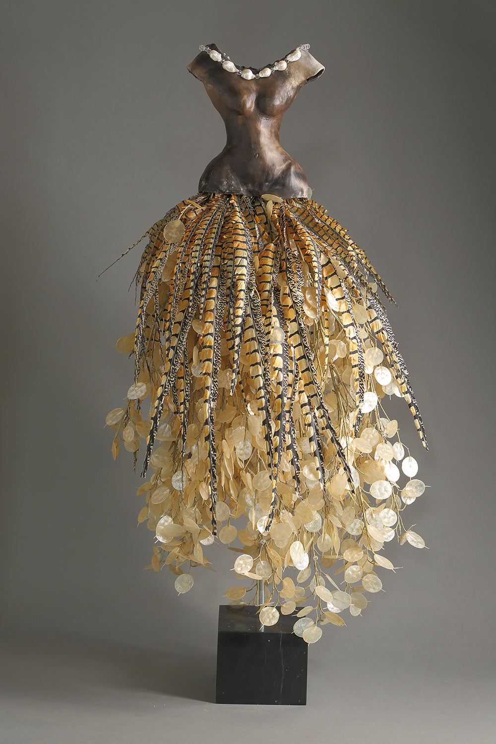 Pearls in Fine Art: Sculpture Bronze Torso with Baroque Pearls, Pheasant Feathers and Silver Dollars, Estella Fransbergen, 2020s