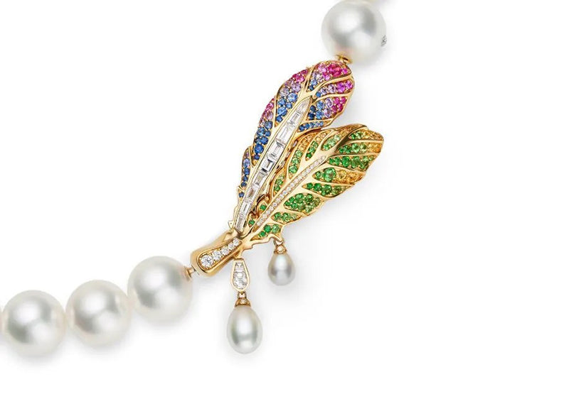 Pure Inspiration: "Wild Feather Song Bird" White South Sea Keshi Pearl, Diamond, Sapphire and Tsavorite Clasp, Jewelry by Paspaley Pearls